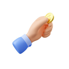 Man hand giving gold coin with dollar symbol. Concept of payment, transaction, financial donation, investment or credit, 3d render illustration isolated on white background