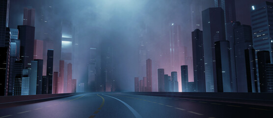 Wall Mural - 3D Rendering of trail lights from highway and light reflection from buildings in mega city at night. Concept of technology background, cyberpunk, fin tech, big data, 5g fast network, AI