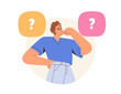 © Good Studio - Puzzled questioned person doubting in decision, right choice making. Confused man deciding, choosing between variants. Dilemma concept. Flat graphic vector illustration isolated on white background