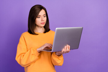 Wall Mural - photo of young adorable pretty girlish woman confident professional programmer wear yellow sweater h