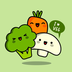 Kawaii vegetables featuring vegetarian theme. Cute cartoon vegetables. Green meal concept.