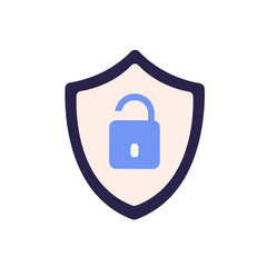 open unlocked padlock in shield icon. cyber attack symbol, insecure unsafe bad hacked password, acce