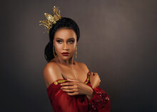 Fantasy Happy Beauty Portrait African American Woman Goddess Queen. Gold Luxury Art Royal Professional Makeup Golden Crown. Girl Princess Pretty Face Perfect Skin. Red Lips Sexy Eyes Vintage Dress