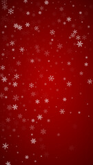 Magic falling snow christmas background. Subtle flying snow flakes and stars on christmas red background. Magic falling snow holiday scenery.   Vertical vector illustration.