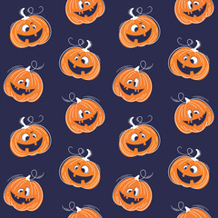 Wall Mural - Seamless pattern with emotions halloween pumpkins on purple background. Сute hand drawn orange pumpkins. Funny faces for scrapbook digital paper, textile print, page fill