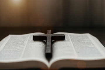 Closeup of simple wooden Christian cross necklace on Bible. Concept of hope, faith, christianity, religion.