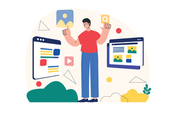 Wall Mural - web design concept with people scene in the flat cartoon design. designer chooses images that are be