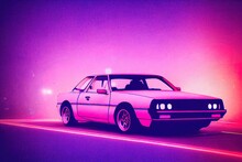 Retro Wave Car On Pink Neon Background In Style 80s