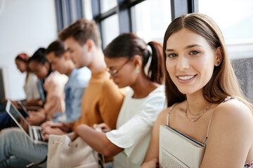 Sticker - Recruitment, waiting room and students portrait at internship opportunity, HR interview or career application at university, Gen z research scholarship candidate people for Human Resources hiring job