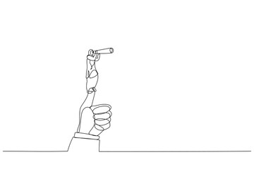Wall Mural - Drawing of arab businesswoman standing on giant thumb using telescope to look into the distance. Continuous line art