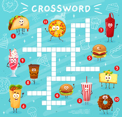 Poster - Crossword quiz game grid. Cartoon fast food characters. Child wordsearch vocabulary game or crossword vector worksheet with taco, pizza and hamburger, burrito, soda and donut, coffee funny personage