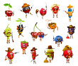 Cartoon berry cowboy, ranger, sheriff, robber and bandit funny characters. Vector birds cherry, grapes, black currant and rosehip. Raspberry, barberry, gooseberry or blueberry, cloudberry, honeyberry
