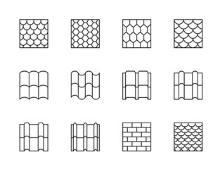 Roof tile icons, isolated vector overlap sheets, shingles tiling samples texture and pattern. Concrete, clay, metal, steel, ceramic, terracotta covering for house rooftop, construction roof tile