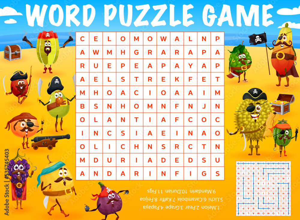 Cartoon fruit pirates characters on treasure island word search puzzle ...
