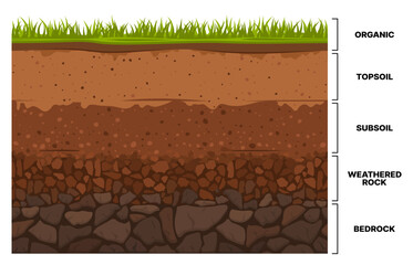 soil layer infographics, earth texture horizon, subsoil land and underground, vector cross section. 
