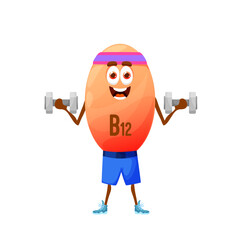 Sticker - Cartoon vitamin B12 athlete character with dumbbells. Isolated vector cyanocobalamin personage fitness or bodybuilding workout. Food supplement sportsman healthy life, sports exercises, gym training