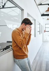 Poster - Headache, stress and student with head in hands at university frustrated with school work load. Mental health, anxiety and depression at exam time, man from Canada suffering from deadline pressure.
