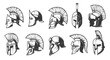 Helmets of spartan, roman and greek warriors or gladiators, vector, trojan or Sparta soldier head armor icons. Centurion helmets of medieval knight, spartan and roman gladiator armour helmets