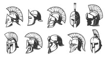 Helmets Of Spartan, Roman And Greek Warriors Or Gladiators, Vector, Trojan Or Sparta Soldier Head Armor Icons. Centurion Helmets Of Medieval Knight, Spartan And Roman Gladiator Armour Helmets