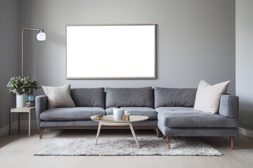 Wall Mural - Mock up of poster frame for modern living room with sofa