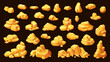 Golden ore nuggets and bullions, cartoon gold rocks and stone piles, vector game assets. Gold mine treasure, golden metal bullions or goldmine ore rocks and ingot nuggets for arcade video game UI