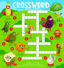 Sticker - Cartoon vegetable superhero, cowboy and defender characters vector crossword puzzle game grid. Find a word quiz worksheet with funny carrot, garlic, tomato and broccoli, avocado, pepper and zucchini