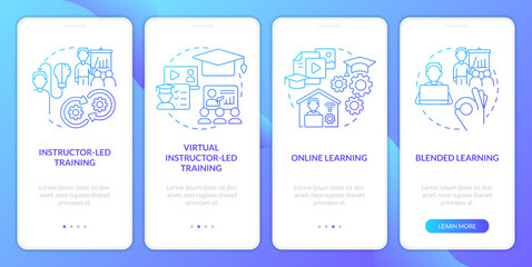 Wall Mural - Organizing corporate training events blue gradient onboarding mobile app screen. Walkthrough 4 steps graphic instruction with linear concepts. UI, UX, GUI template. Myriad Pro-Bold, Regular fonts used