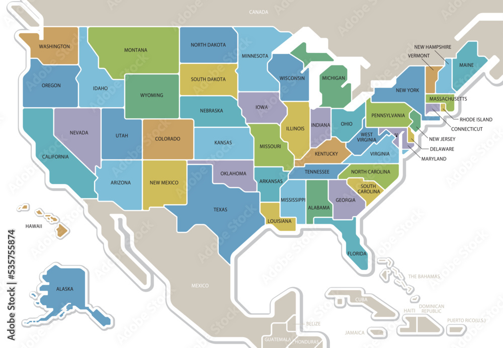 アメリカ合衆国の地図 50州色分け 州名入り 北アメリカ Stock Vector
