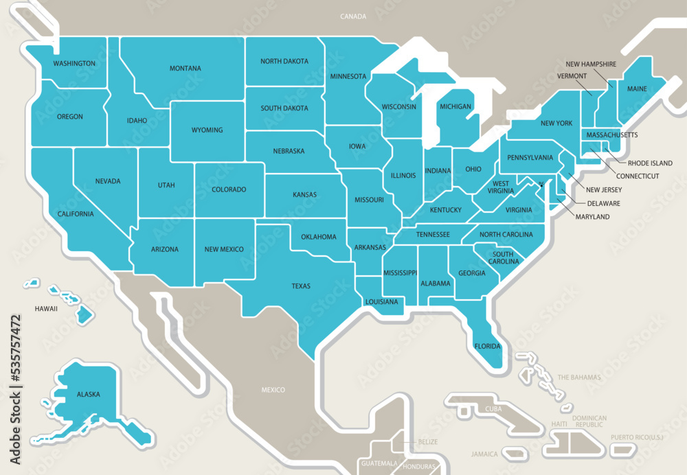 アメリカ合衆国の地図 50州分け 州名入り 北アメリカ Stock Vector