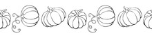 Vector Edging, Ribbon, Border From Outline Pumpkins In Doodle Style. Autumn Seamless Pattern, Ornament, Decorative Element, Decoration For Seasonal Design, Thanksgiving