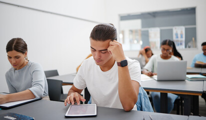 Poster - Digital tablet, university and student in lecture reading course work, classroom information or online internet search. Gen z graphic designer or multimedia college people in classroom learning tech