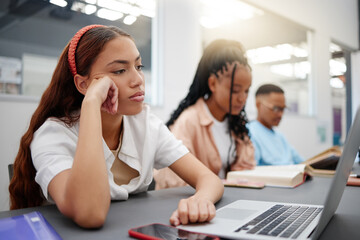 Poster - Mental health, studying and student with depression reading course information on laptop in library or university classroom. Sad, depressed and burnout college woman with exam problem or fail results