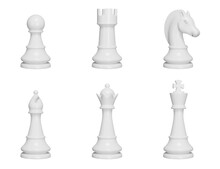 Chess Pieces 3d Set. White Color. Pawn, King, Queen, Rook, Knight, Bishop. Isolated Icons, Objects On A Transparent Background