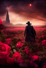 3d Render Design Of A Man With Hat And Coat Walking In A Red Roses Field Towards A Tower