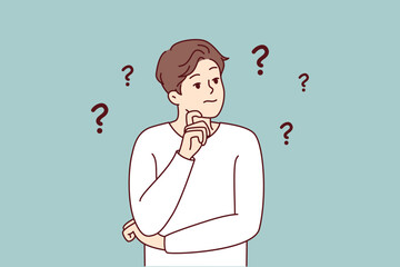 Frustrated young man thinking of problem solution having dilemma. Confused male make decision or plan, consider ideas or solution. Vector illustration. 
