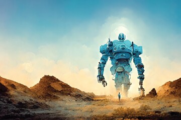 Poster - Meeting of man and transformer. Giant robot and people, characters in the desert. Fantasy illustration, digital art