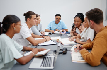 Poster - Diversity, education or university students in classroom learning, collaboration or working on maths or physics research. Books, laptop and notebook for college group project search for scholarship