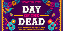 Day Of The Dead Text, Did De Muertos Spanish Tradition Text Lettering, Mexican Holliday Template. Colourful Vector Illustration With Skulls, Kithara, Flowers, Perforated Paper. Mexico Template 