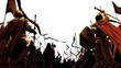 © warmtail - An army of fantasy medieval knights stands jubilant, many raising their weapons, flags, spears and swords as a sign of victory. 2d isolated PNG art