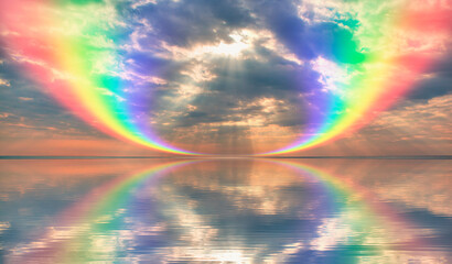 Beautiful calm sea landscape with amazing rounded rainbow at amazing sunset