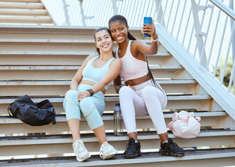 Sticker - Fitness, phone and friends take selfie after running, exercise and workout for social media outdoors on steps or stairs. Diversity, wellness and happy runners showing women or girls power in sports