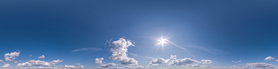 Wall Mural - seamless clear blue sky hdri 360 panorama view with zenith and beautiful clouds for use in 3d graphi