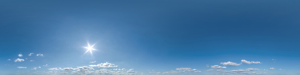 Wall Mural - seamless clear blue sky hdri 360 panorama view with zenith and beautiful clouds for use in 3d graphi