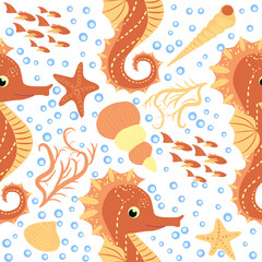 Seahorse and starfish seamless pattern. Sea life summer background. Cute sea life. Design for fabric and decor