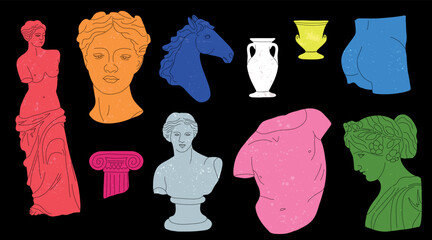 Antique acid colors statue. Greek or roman marble sculptures, gods and goddesses. Hand drawn body parts and faces with texture. Classic statues, man woman column and vase, vector trendy set