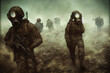 Angriff mit Atomwaffe, Chemiewaffen oder Biowaffen - apokalyptische Krieg Szene mit Gasmasken