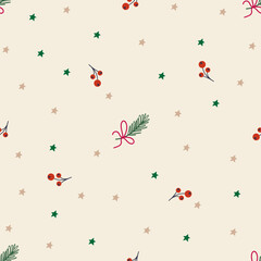 Wall Mural - Christmas vector seamless pattern with fir branches and red berries on a light background.