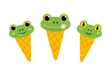 Wall Mural - Set, collection of cute cartoon style green frog ice cream cones. Vector icons, illustration.
