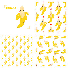 Wall Mural - Cute cartoon style half peeled banana character and set, collection of three banana vector seamless pattern backgrounds. 

