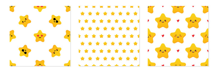 Wall Mural - Set, collection of three vector seamless pattern backgrounds with  golden, yellow star characters.
